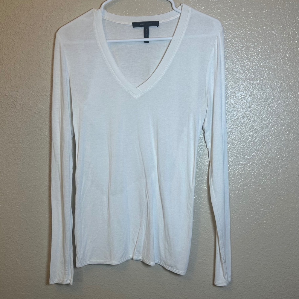 BCBGMAXAZRIA Womens White V Neck Long Sleeve Basic T Shirt Layering Top Size Med